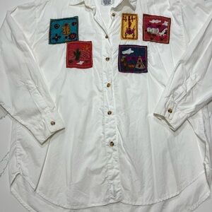 Vintage 80’s White Shirt with Colorful Southwest Embroidered Patches